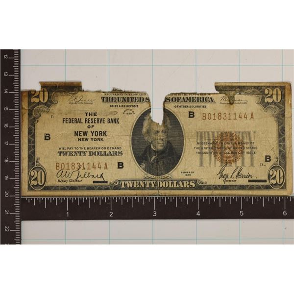 1929 US $20 NATIONAL CURRENCY FEDERAL BANK OF