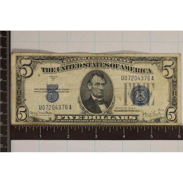 1934-D US $5 SILVER CERTIFICATE BLUE SEAL