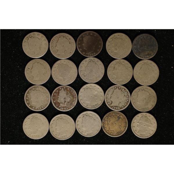 20 ASSORTED LIBERTY "V" NICKELS: 1884-1911