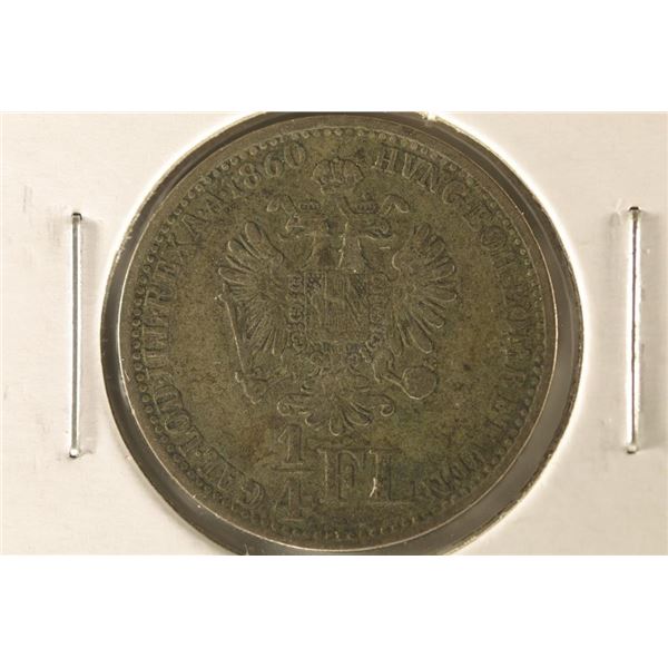 1860 AUSTRIA SILVER 1/4 FLORIN .0894 OZ. ASW