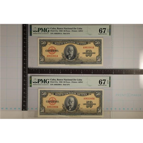 2-1950 CUBA 50 PESO BILLS: BOTH PMG 67 SUPERB