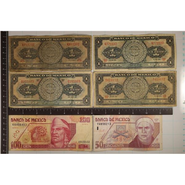 6 MEXICO BILLS: 1948 ONE PESO, 2-1954 ONE PESO,