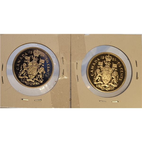 10)  2 PROOF CANADIAN 1/2 DOLLAR COINS, 1981 & 198