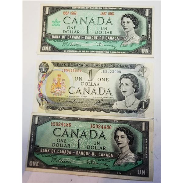 8)  LOT OF 3 CANADIAN $1.00 BANKNOTES, 1954, 1973