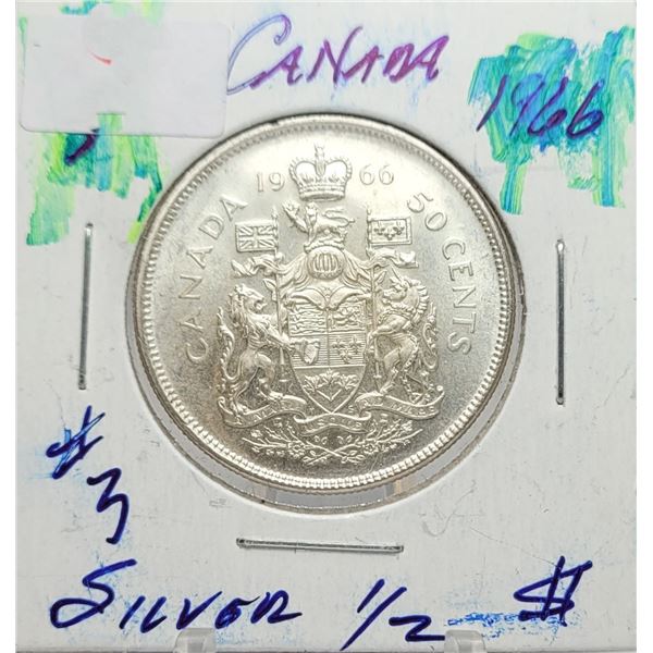 4)  CANADIAN 1966 1/2 DOLLAR, 80% SILVER COIN