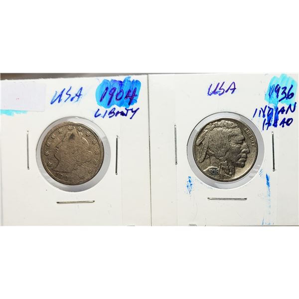 6)  USA 1904 LIBERTY NICKEL & 1936 INDIAN HEAD