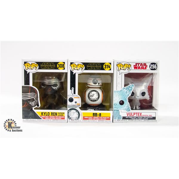 3 STAR WARS POP FIGURES (BB-8, KYLO REN