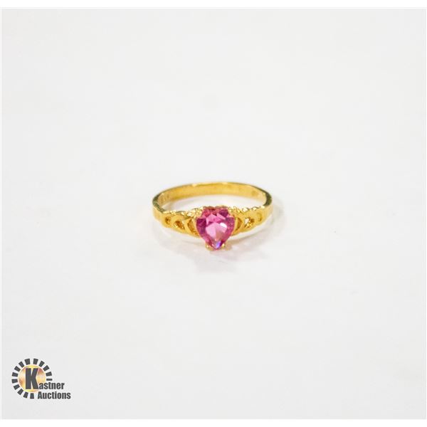 10K YELLOW GOLD RING W/PINK HEART SHAPED STONE