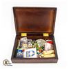 Image 1 : ESTATE WOOD BOX WITH COLLECTIBLE PATCHES,