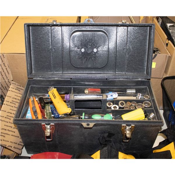 LARGE BLACK TOOL BOX  TUFF BOX  WITH MISC TOOLS