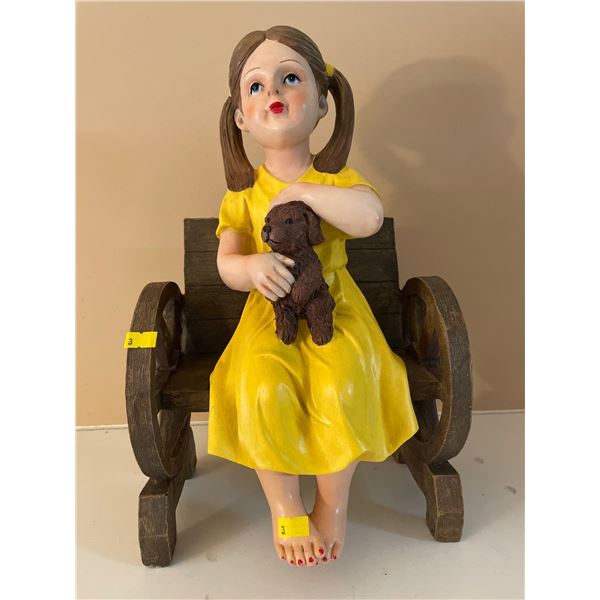 Wooden & Ceramic Girl Statue With Puppy On Bench 10Lx16H