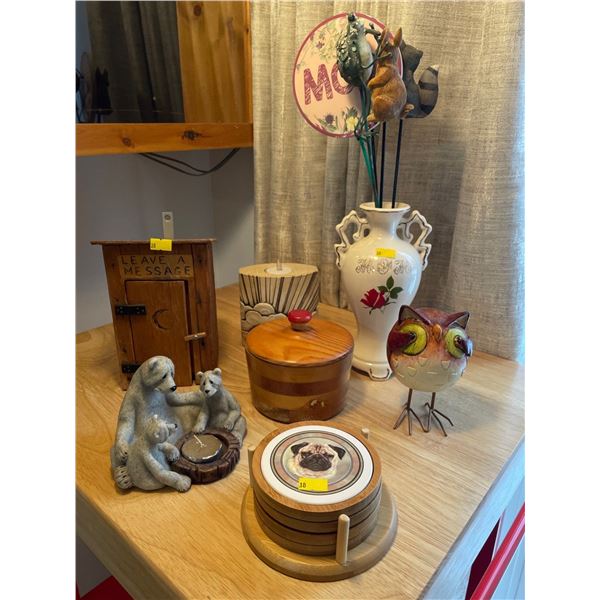 Assorted Lot Of Inside Home Decor - Handcrafted Wood Art, Candle Holders, Coasters & More