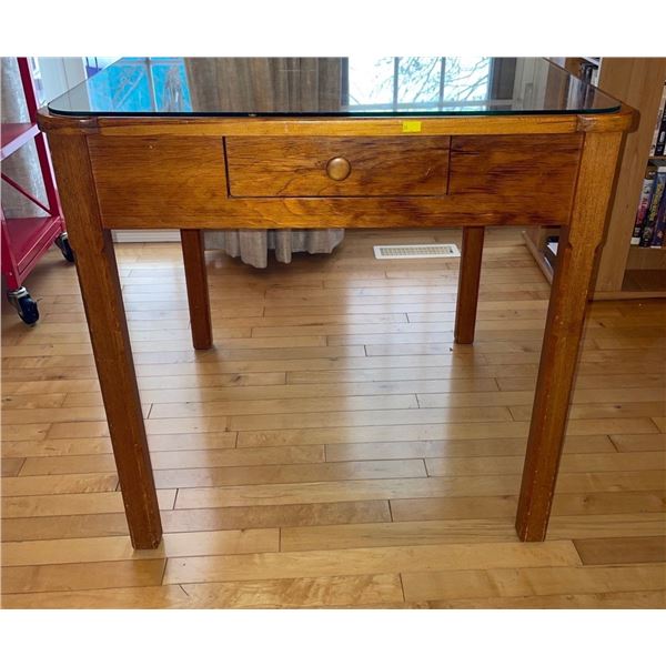 Hand Crafted Solid Wood 2 Drawer Vintage Table With Removable Glass Top 30Lx30Wx30H