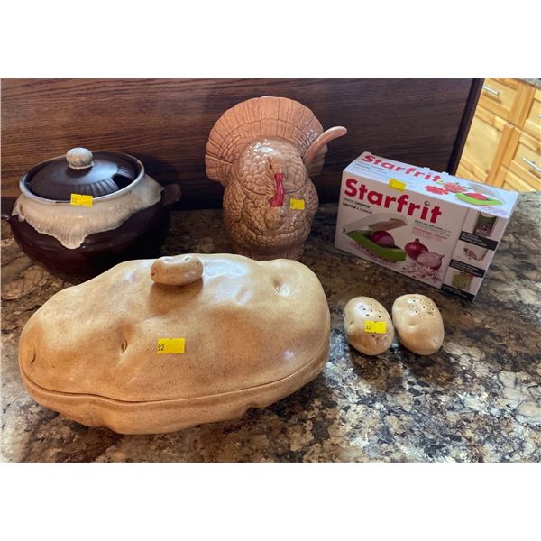 Collection Of Kitchen Decor-Ceramic Potato Urn With Lid, Salt & Pepper Shakers, & Decorative Tureen