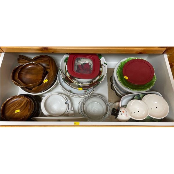 Entire Contents Of Drawer - Serving Dishes, Wooden Bowls, Stoneware, & More