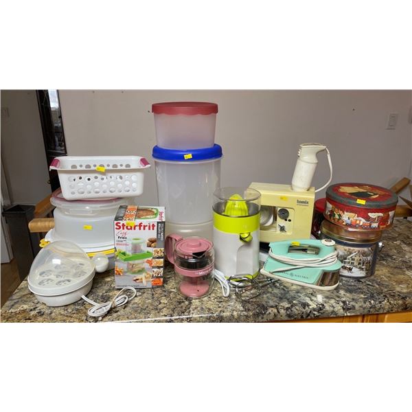 Assorted Lot Of Kitchen Items - Tupperware, Juicer, Electric Mixer, & More