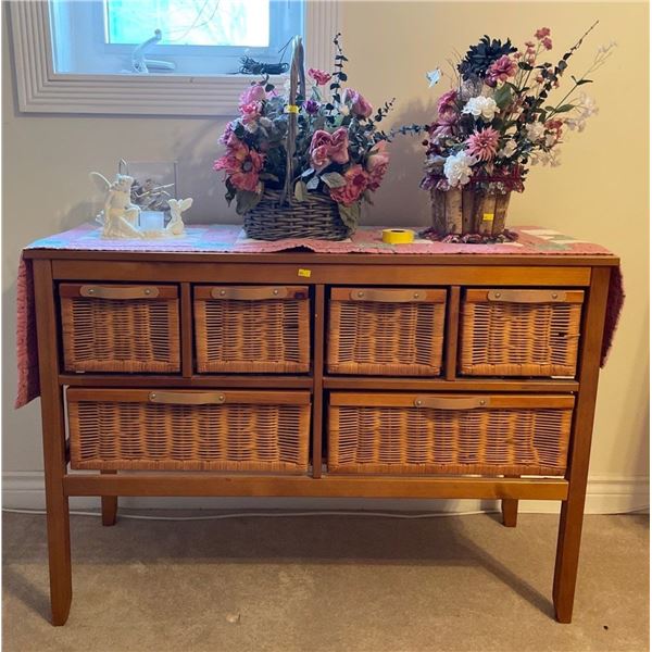 Wooden & Wicker Retro Dresser With Artificial Flowers & More 43Lx16Dx30H