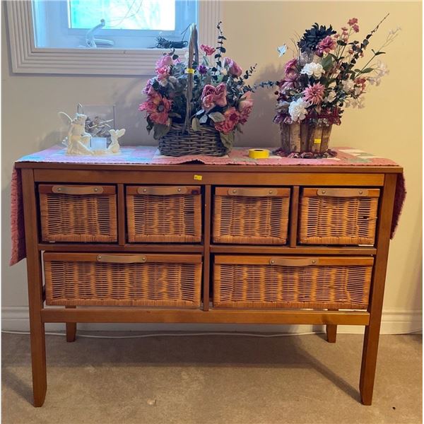 Wooden & Wicker Retro Dresser With Artificial Flowers & More 43Lx16Dx30H