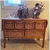 Image 1 : Wooden & Wicker Retro Dresser With Artificial Flowers & More 43Lx16Dx30H