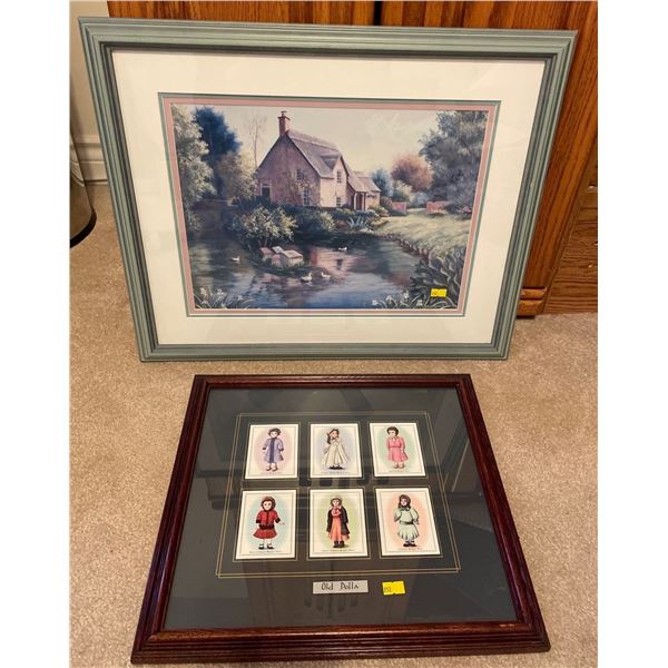 Cottage Theme Print In Frame 22Lx18H & Collectible Doll Art In Mahogany Frame 16Lx14H