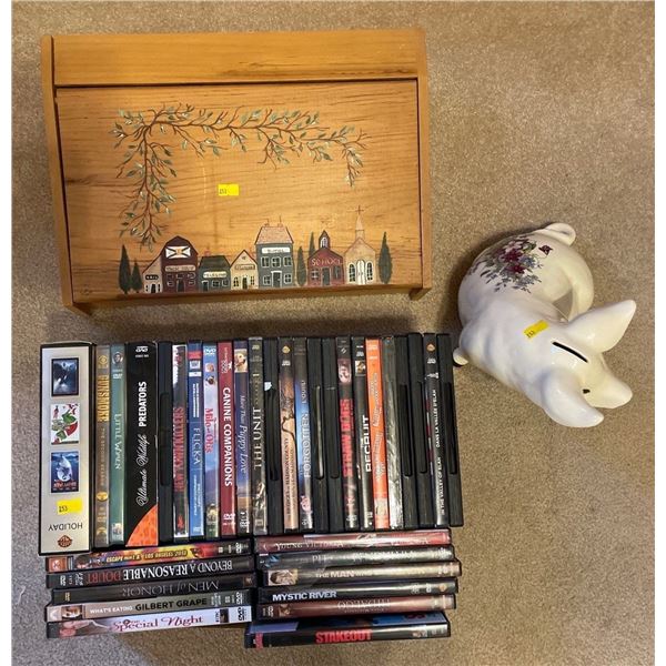 Assorted Lot Of DVDs, Handmade Wooden Box, & Cermaic Pig