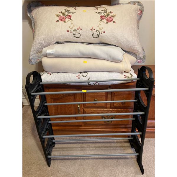 Assorted Collection Of Bedroom Decor - Blanket Rack, Quilts, Fleece, PIllow & More