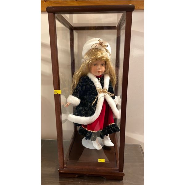 Collectible Christmas Doll In Display Case 9Lx11Dx22H