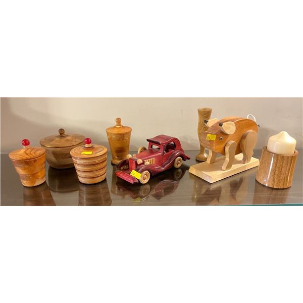 Assorted Collection Of Handcrafted Wooden Toys & Canisters