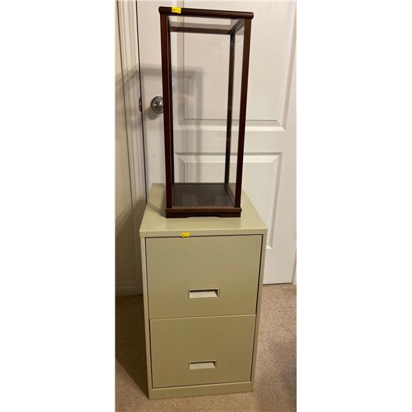 2 Drawer Filing Cabinet 14.5Lx18Dx25H & Wooden Glass Display Case 9.5Lx11Dx22H