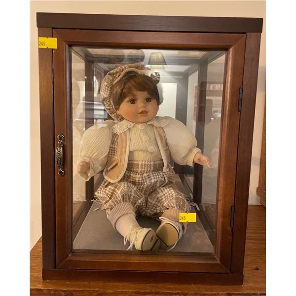 Collectible Porcelain Doll In Wooden Glass Display Case With Front Door Opening 10.5Lx10.5Dx14H