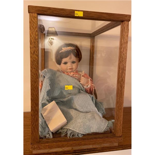 Collectible Porcelain Doll In Wooden Glass Display Case 11Lx13Dx16H