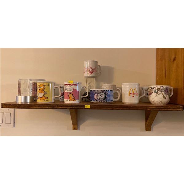 Wooden Shelf With Collectible Mugs 29Lx12Dx8H