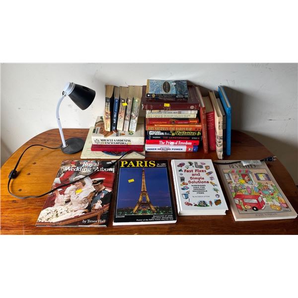 Assorted Collection Of Books - Novels, Gardening, Healing, Royal Family, Reading Lamp & More