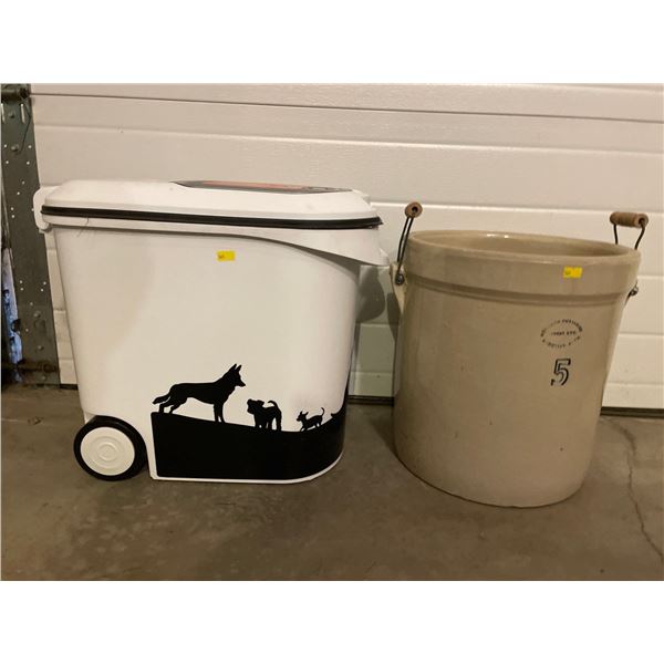 Assortment Of Containers - Animal Food Storage Bin, & Ceramic 5 Gallon Canister With Handles