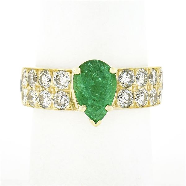 18k Yellow Gold 3.06 ctw Pear Prong Emerald Solitaire Pave Diamond Engagement Ri