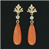 Image 2 : Antique 18K Gold 0.25 ctw European Diamond Orange Coral Tear Drop Dangle Earring