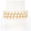 Image 3 : 14k Yellow Gold 7.25" 1.25 ctw Diamond Covered Clasp 3 Row Cultured Pearl Bracel