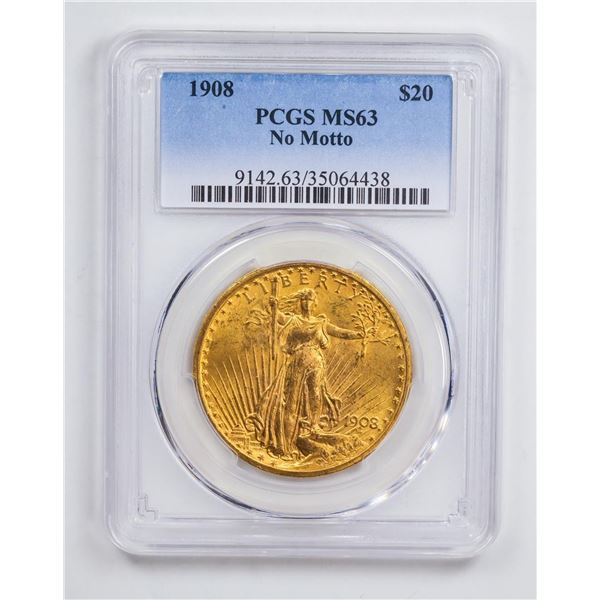 1908 $20 No Motto Double Eagle Gold Coin PCGS MS63