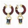 Image 3 : Estate 18k Gold Red Enamel Large Hoop w/ Smaller Round Link Drop Dangle Earrings