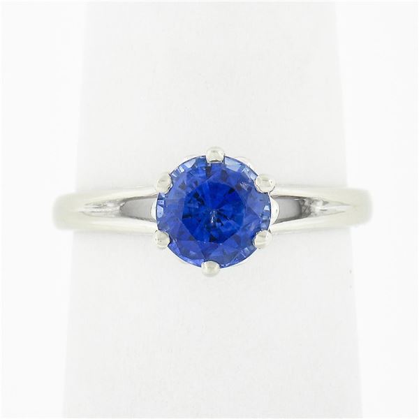 Vintage 14k White Gold 1.26 ctw Round Sapphire Solitaire Open Work Engagement Ri