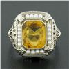 Image 2 : Antique 14K Gold Rectangular Bezel Citrine Seed Pearl Halo w/ Open Filigree Ring