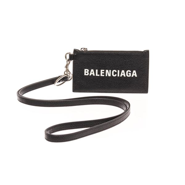 Balenciaga Black Calfskin Leather Logo Strap Cardholder