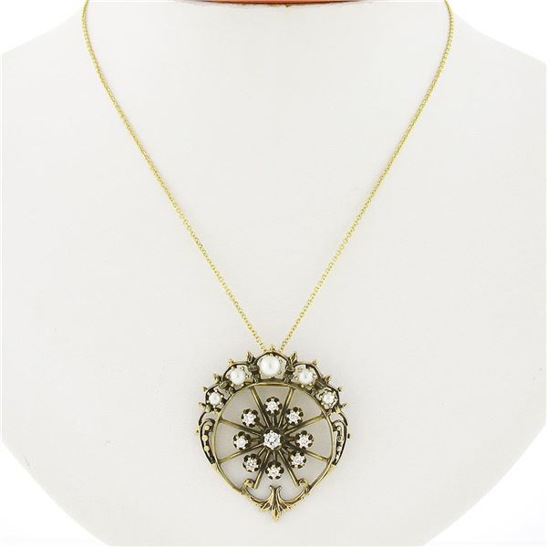 Vintage Victorian Revival 14k Gold Diamond & Pearl Crescent Brooch Pin Pendant