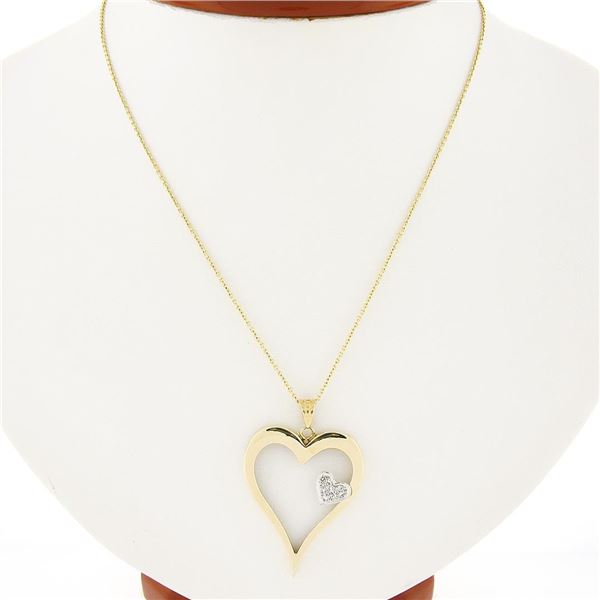 14k TT Gold Large Polished Open Heart w/ Diamond Heart Accent Pendant & Chain