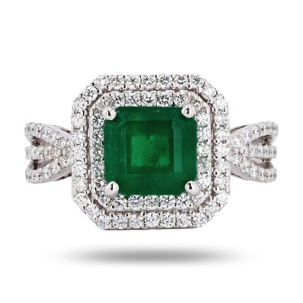 2.32 ctw Emerald and 0.70 ctw Diamond 14K White Gold Ring