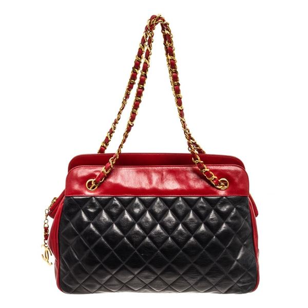 Chanel Black Red Lambskin Leather Matelasse Chain Shoulder Bag