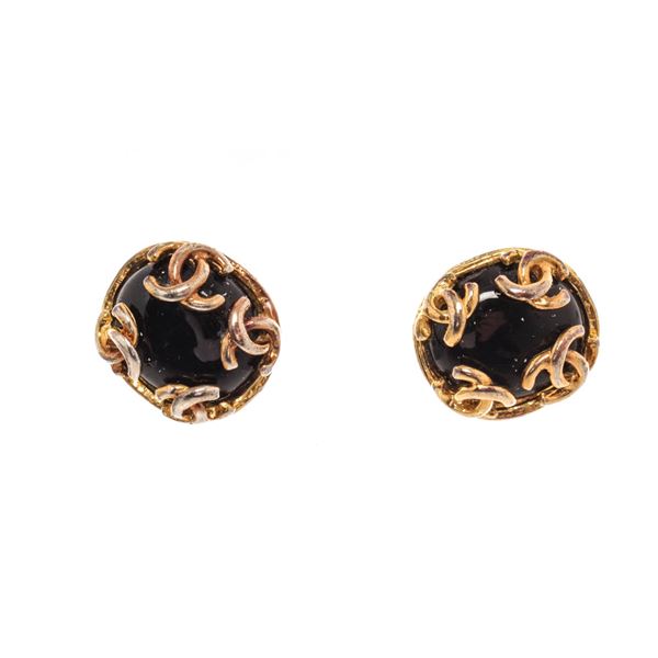 Chanel Black and Gold Pearl CC Logo Round Earrings