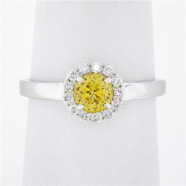 NEW 14K White Gold 0.96 ctw Ceylon Yellow Sapphire Solitaire w/ Diamond Halo Rin