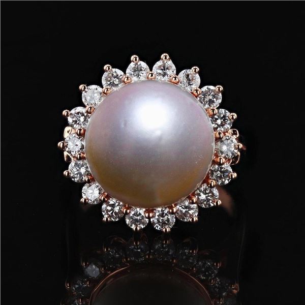 12.5mm White South Sea Pearl and 0.92 ctw Diamond 14K Rose Gold Ring