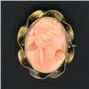 Image 2 : Antique 10k Yellow Gold Oval Carved Coral Cameo Twisted Frame Brooch Pin Pendant